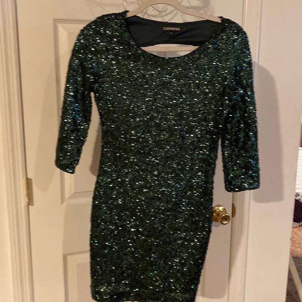 Dark green sequined dress.